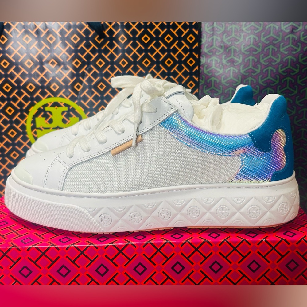 Tory Burch White and Blue Iridescent Sneakers